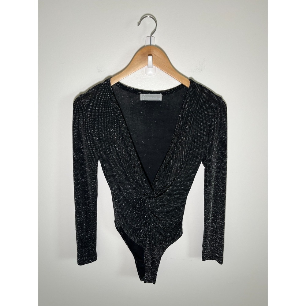 Plunge V Shimmer Womens Bodysuit‎ S Black Going Out Chic Stretch